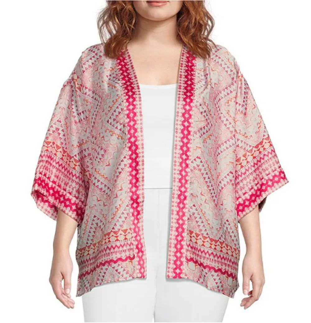 Slim Factor Satiny Mosaic Tile Open Front Short Sleeve Kimono Shirt Plus Sz 3X